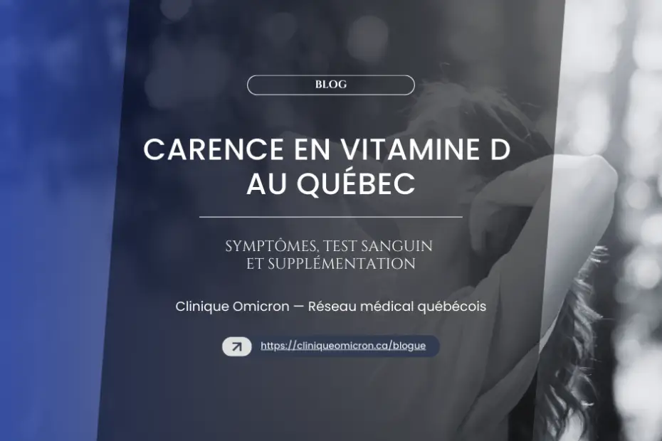 Blog post image about vitamin D deficiency in Quebec, with title and subtitle, highlighting symptoms, blood tests and supplementation options, and mention of Clinique Omicron.