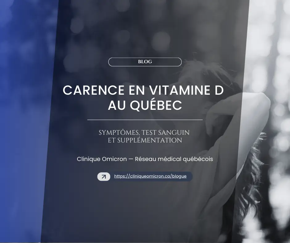 Blog post image about vitamin D deficiency in Quebec, with title and subtitle, highlighting symptoms, blood tests and supplementation options, and mention of Clinique Omicron.