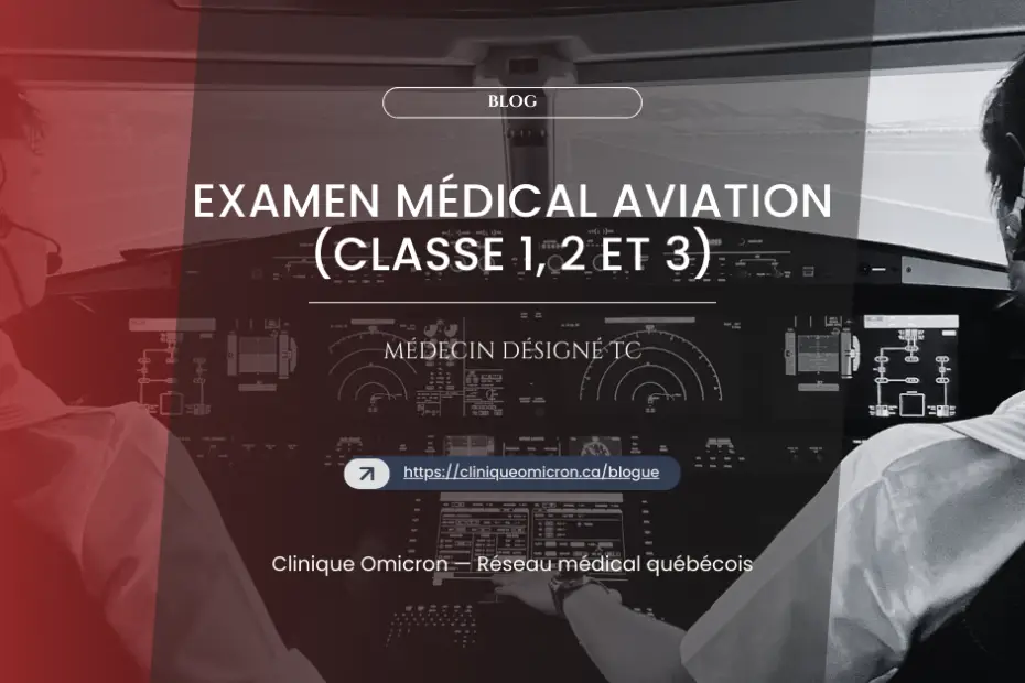 Aviation medical examination with aircraft cockpit, instrument display and Omicron Clinic endorsement for medical certificates.