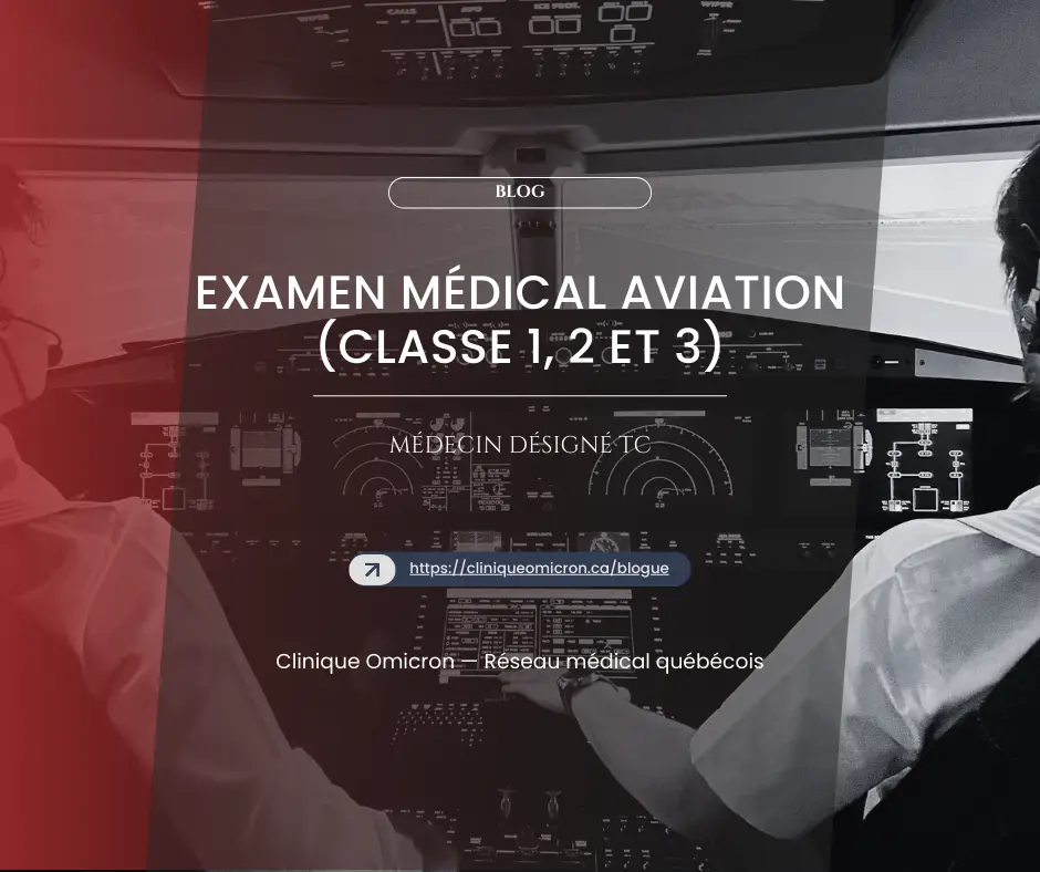 Pilote dans un cockpit d'avion, effectuant un examen médical pour les classes 1, 2 et 3, Clinique Omicron, Québec.