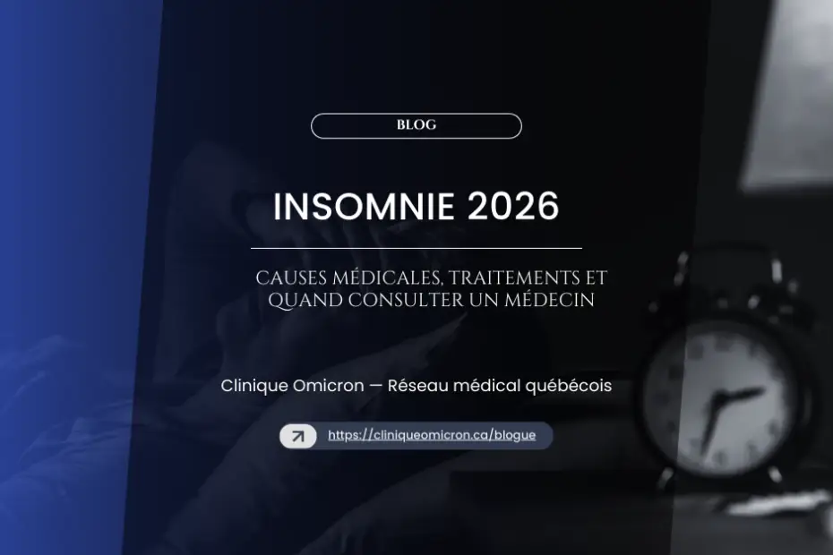 Image de blog sur l'insomnie 2026, incluant un titre accrocheur, des sous-titres sur les causes médicales et traitements, et une horloge indiquant l'heure, représentant le thème du sommeil et de l'insomnie, associé à la Clinique Omicron.
