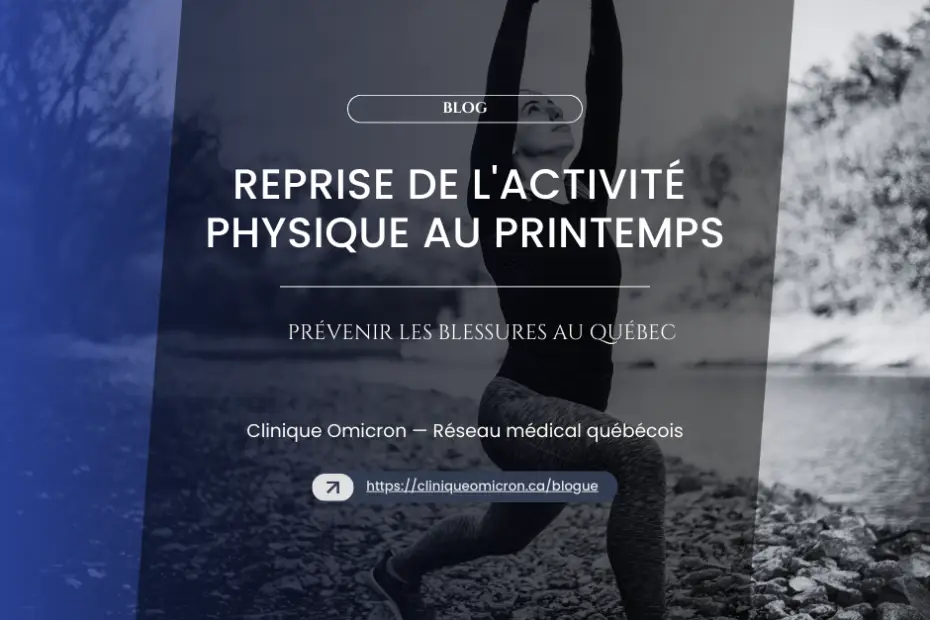 Woman doing outdoor fitness exercises, with the text "Resuming physical activity in spring" and "Preventing injuries in Quebec" on a natural background, Clinique Omicron.