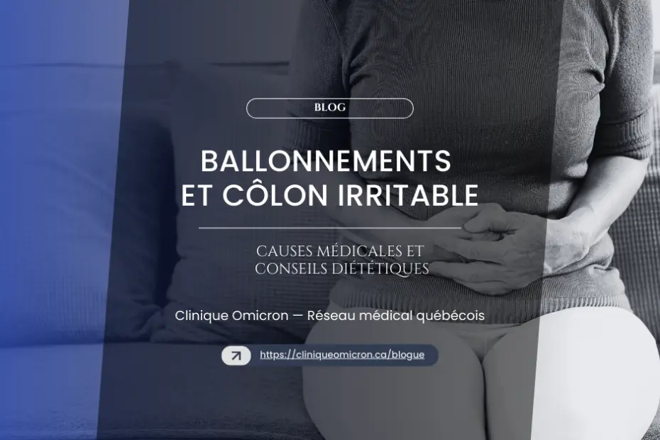 Woman holding her stomach, suffering from bloating, with text on Irritable Bowel Syndrome, Clinique Omicron, dietary advice.