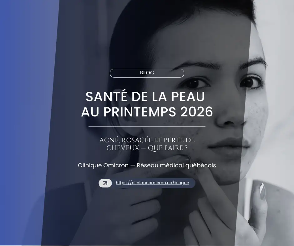 Femme touchant son visage avec des imperfections cutanées, en lien avec des problèmes de peau tels que l'acné et la rosacée, illustrant des préoccupations de santé cutanée au printemps 2026 pour la Clinique Omicron.