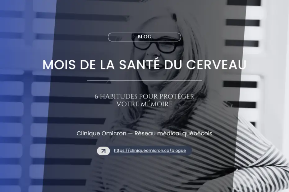 Smiling woman with glasses, wearing a striped sweater, in front of a blue lined background, illustrating Brain Health Month and habits to protect memory, Clinique Omicron.
