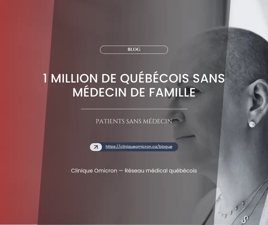 Woman looking to the right, superimposed text about the shortage of family doctors in Quebec, Clinique Omicron.