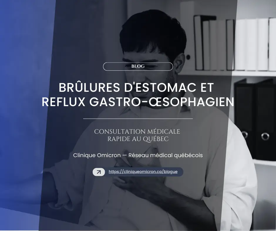 Homme en consultation médicale concernant les brûlures d'estomac et le reflux gastro-œsophagien à la Clinique Omicron, avec des éléments de bureau en arrière-plan.
