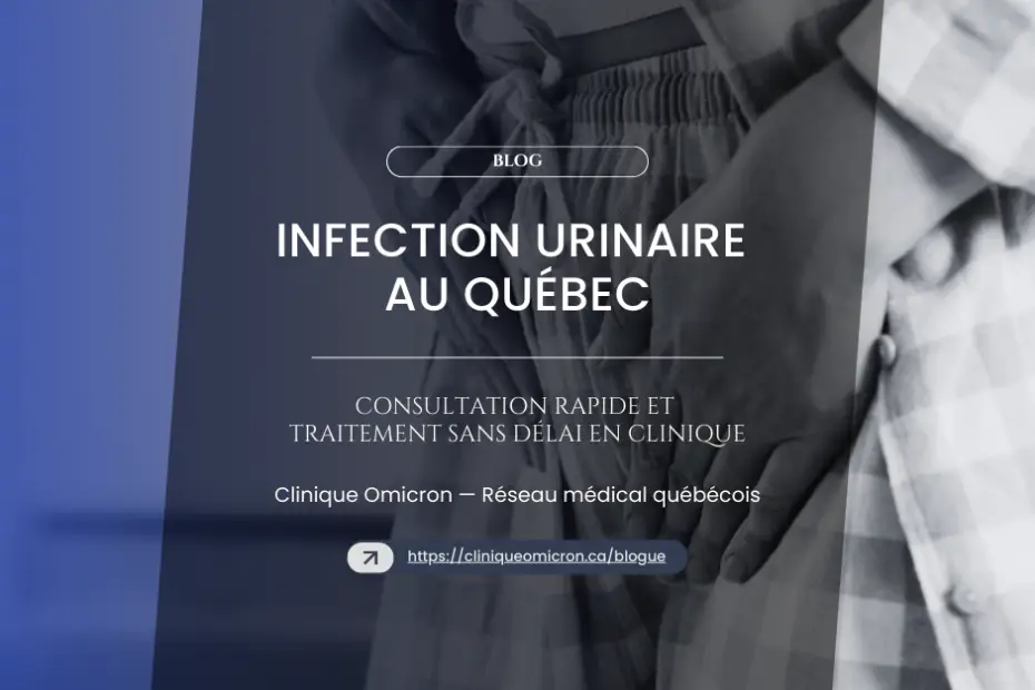 Image promoting consultation for urinary infections at Clinique Omicron, featuring a patient holding their abdomen with text overlay about rapid treatment in Quebec.