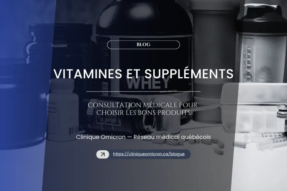 Vitamin and supplement products on a modern background, featuring a medical consultation to choose the right products, Clinique Omicron.