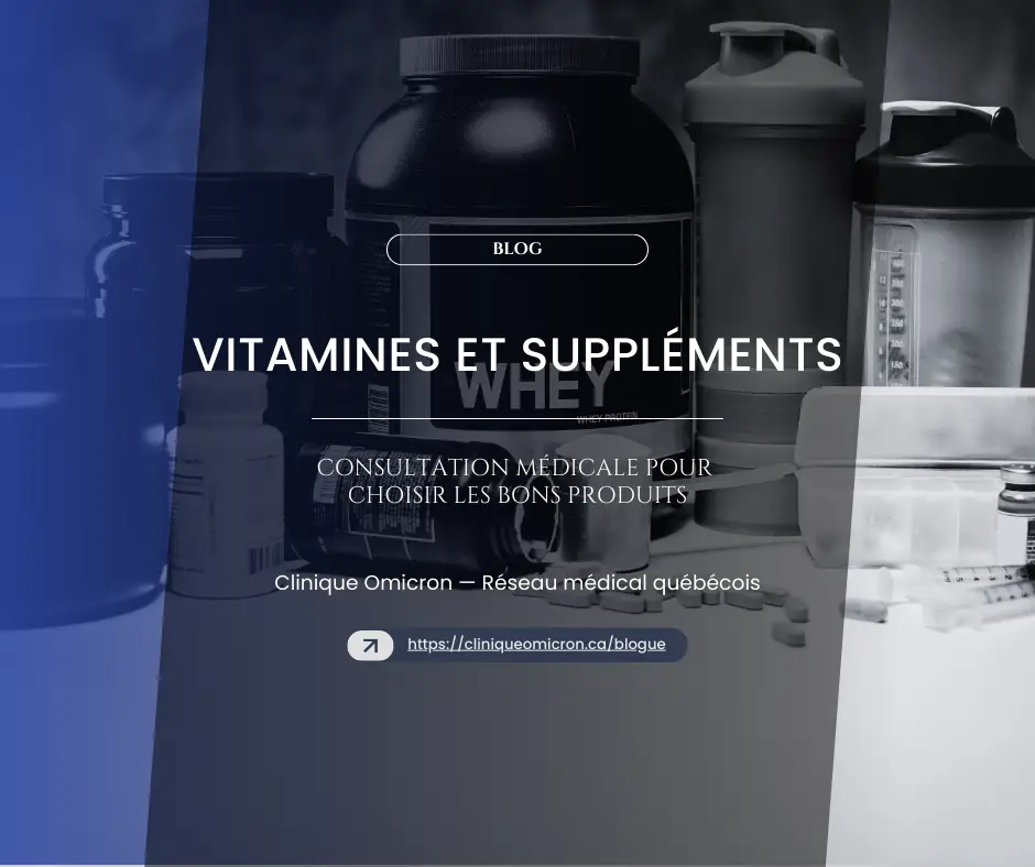 Vitamin and supplement products on a modern background, featuring a medical consultation to choose the right products, Clinique Omicron.