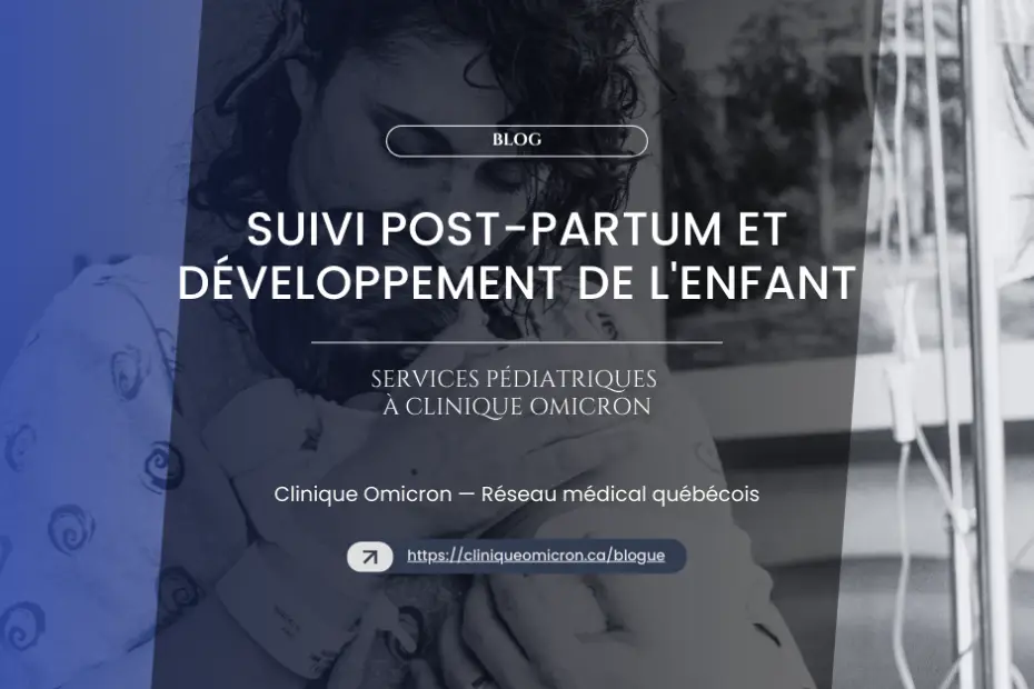 Mother holding a newborn in a medical environment, illustrating pediatric services and postpartum follow-up at Clinique Omicron.