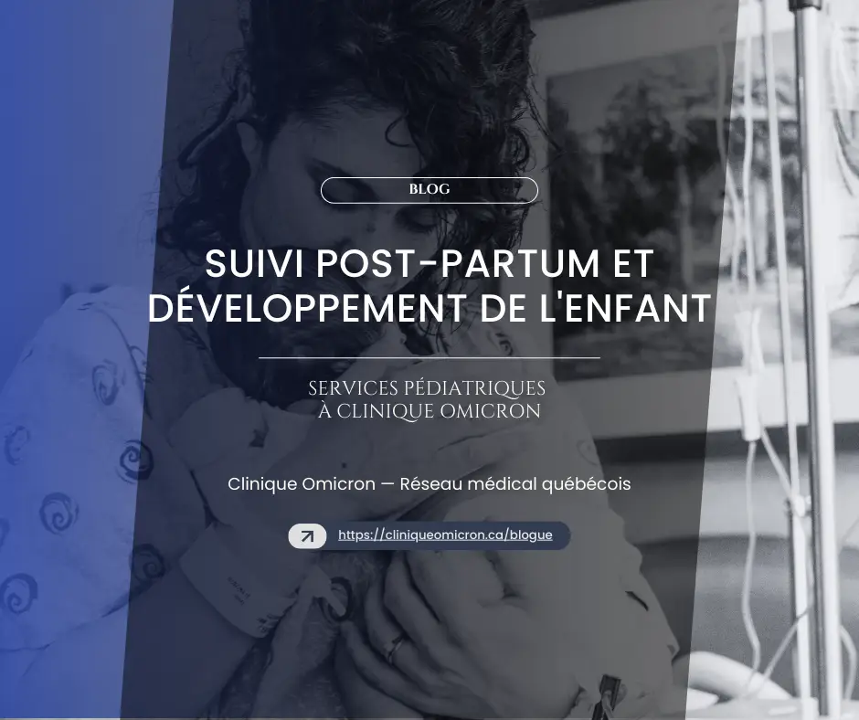 Mother holding a newborn in a medical environment, illustrating pediatric services and postpartum follow-up at Clinique Omicron.