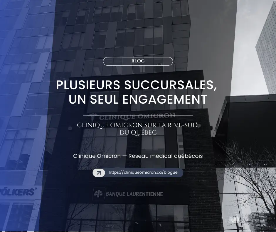 Clinique Omicron building facade with modern architecture, featuring the logo and text highlighting medical services in Quebec.