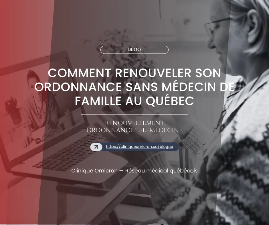 Femme utilisant un ordinateur portable pour une consultation en télémédecine sur le renouvellement d'ordonnance sans médecin de famille au Québec.