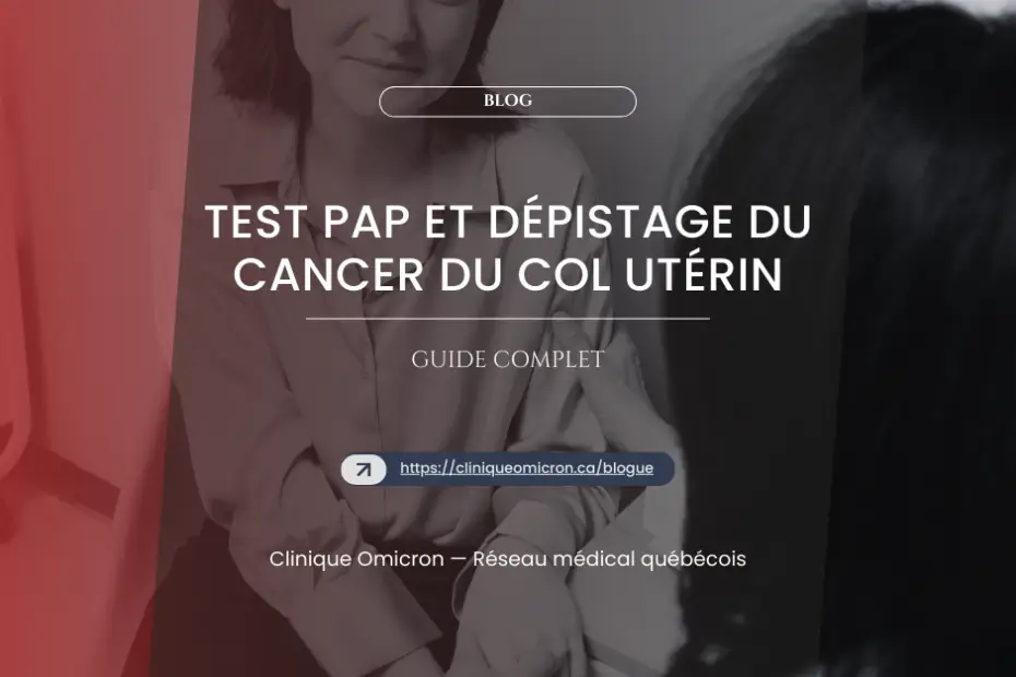 Femme souriante discutant du test PAP et du dépistage du cancer du col utérin à la Clinique Omicron, avec texte informatif sur la santé des femmes.