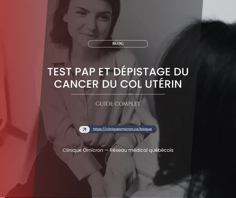Smiling woman discussing Pap test and cervical cancer screening at Omicron Clinic, with informational text on women's health.