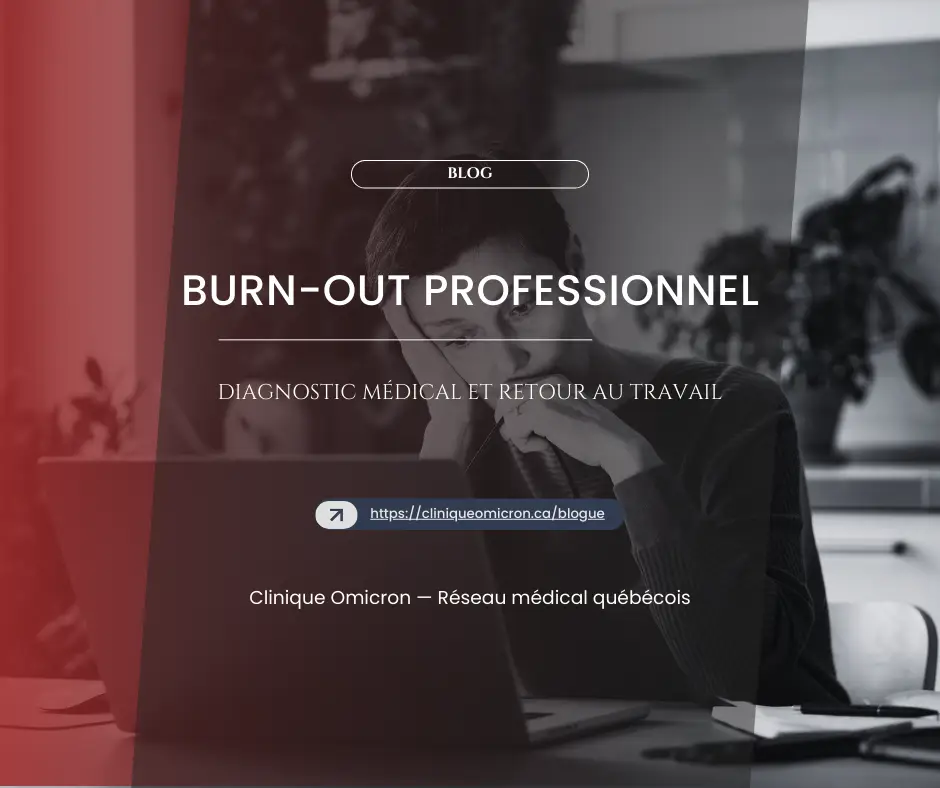 Image featuring a man looking stressed while working on a laptop, with overlay text about professional burnout and medical diagnosis from Clinique Omicron.