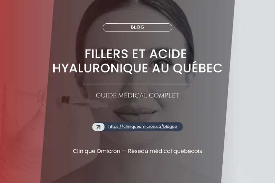 Image de femme recevant un traitement de fillers à base d'acide hyaluronique, avec le texte "Fillers et acide hyaluronique au Québec - Guide médical complet" superposé, Clinique Omicron.