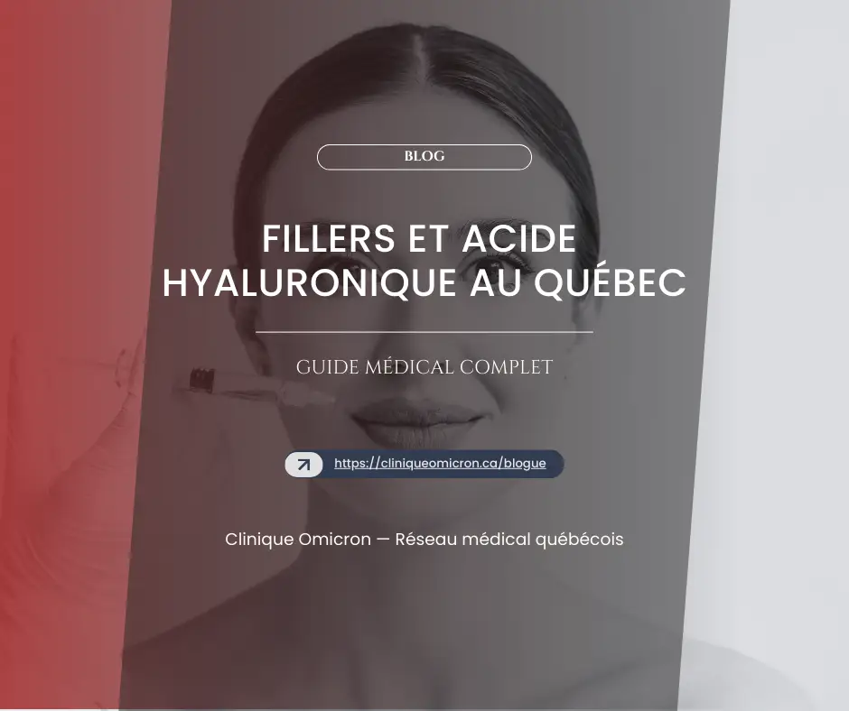 Image promotion for hyaluronic acid fillers in Quebec, featuring a woman receiving treatment with a syringe, overlaid with text "Fillers et acide hyaluronique au Québec, guide médical complet" and branding for Clinique Omicron.