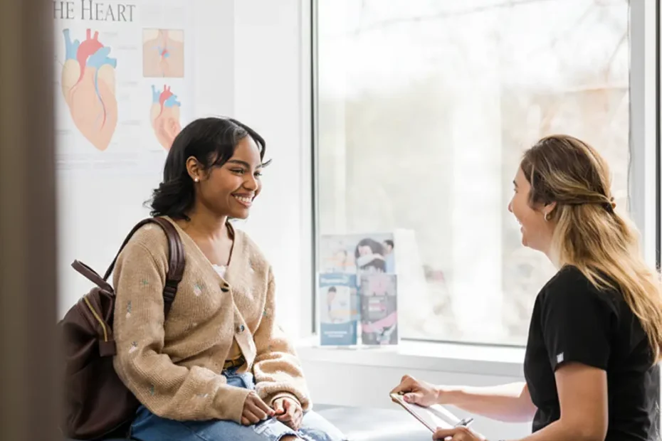 Smiling woman in medical consultation with a health professional, anatomical posters in background, reassuring, modern atmosphere.
