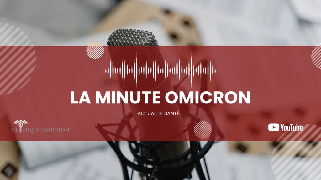 Microsphone avec le texte "LA MINUTE OMICRON" et un motif de vagues sonores, représentant des contenus médicaux et des informations de santé de Clinique Omicron.