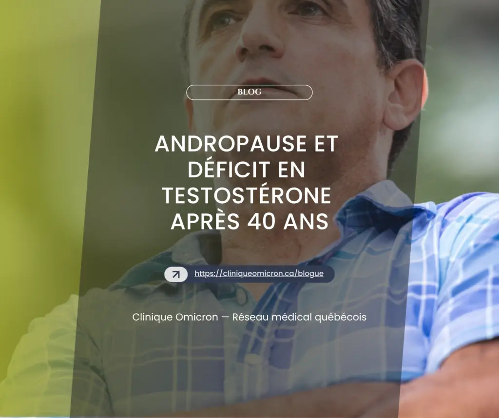 Homme pensif en polo à carreaux, illustrant les thèmes de l'andropause et du déficit en testostérone après 40 ans, avec un fond moderne et professionnel.