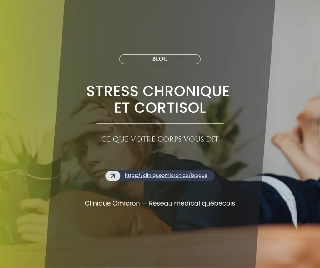 Femme avec la main sur le front, exprimant le stress, avec un smartphone, illustrant le sujet du stress chronique et du cortisol.