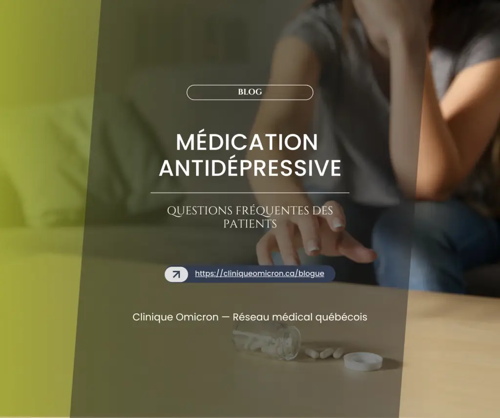 Main d'une personne touchant des comprimés d'antidépresseurs sur une table, avec le titre "Médication antidépressive" et des éléments visuels évoquant le soutien psychologique et la santé mentale.