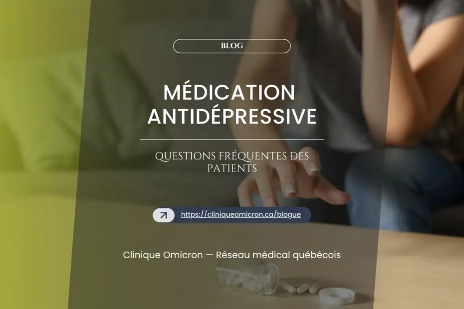 A person's hand touching antidepressant pills on a table, with the title "Antidepressant Medication" and visual elements evoking psychological support and mental health.