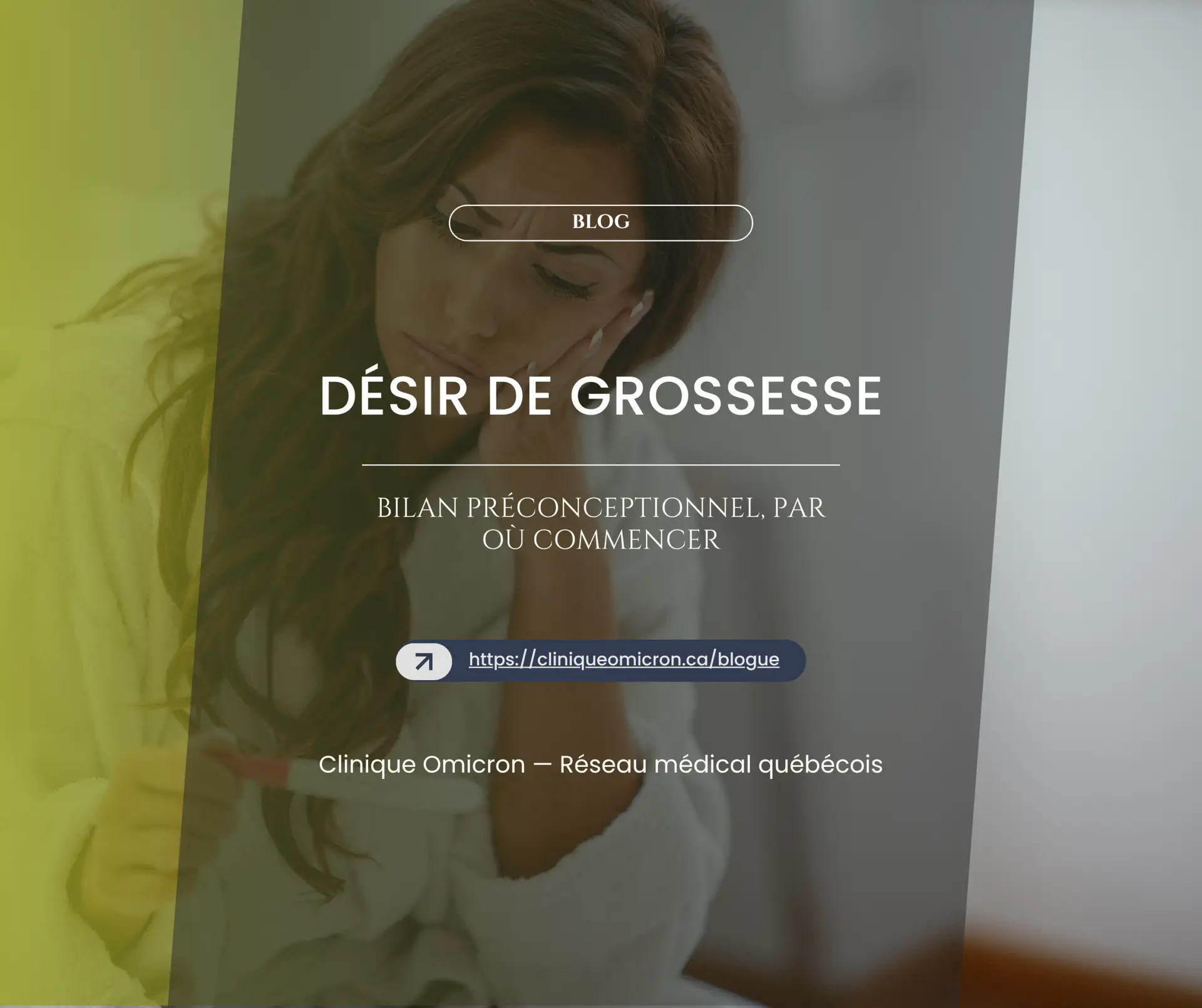 Pensive woman holding a pregnancy test, symbolizing the desire for pregnancy and preconception screening, with a modern and calming background.