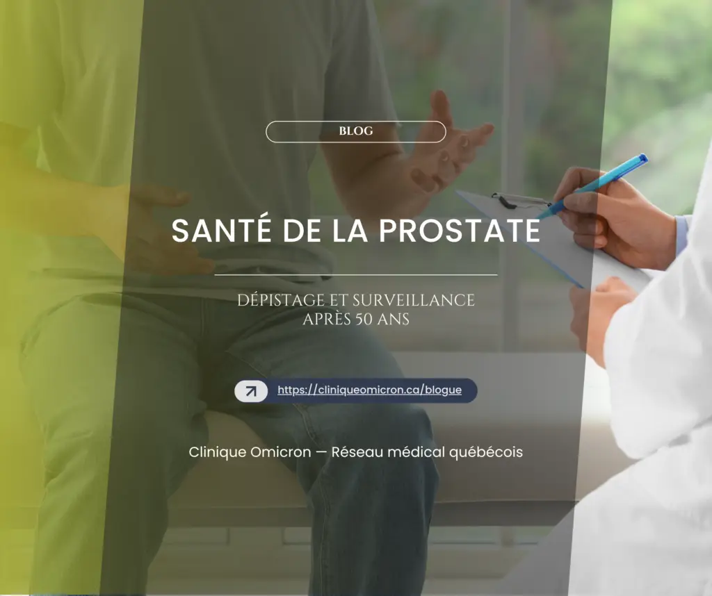Sant&eacute; de la prostate : consultation m&eacute;dicale sur le d&eacute;pistage et surveillance, homme assis, m&eacute;decin avec un stylo et un dossier, Clinique Omicron.