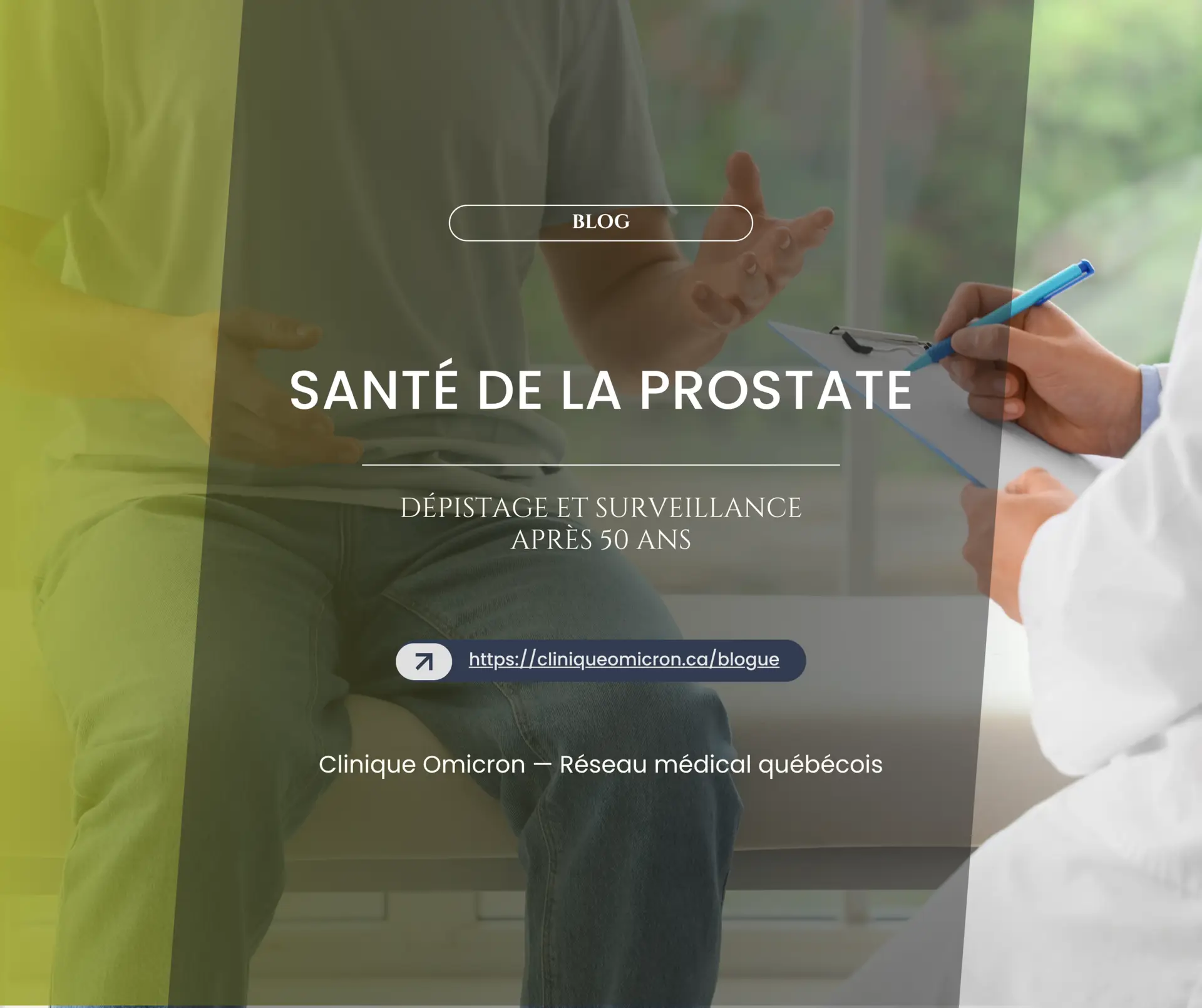 Prostate Health: Medical Consultation on Screening and Monitoring, Man Sitting, Doctor with Pen and File, Clinique Omicron.