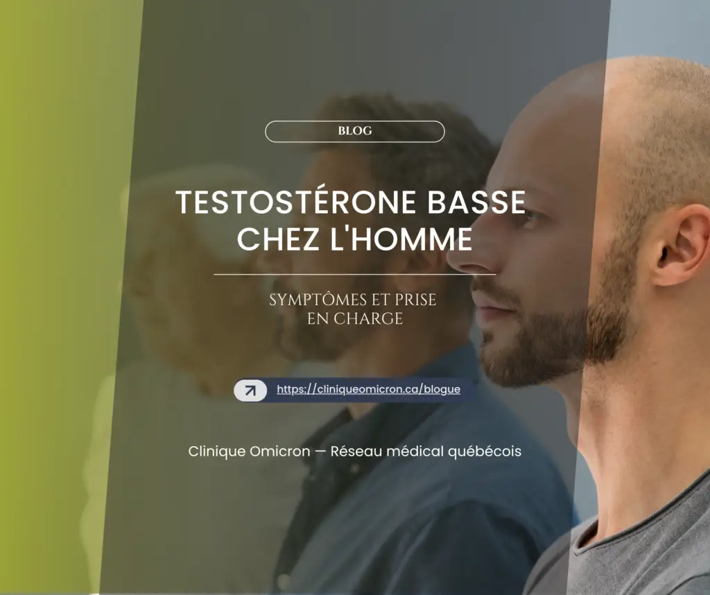 Homme avec des niveaux de testostérone basse, mettant en avant des symptômes et options de prise en charge, Clinique Omicron.