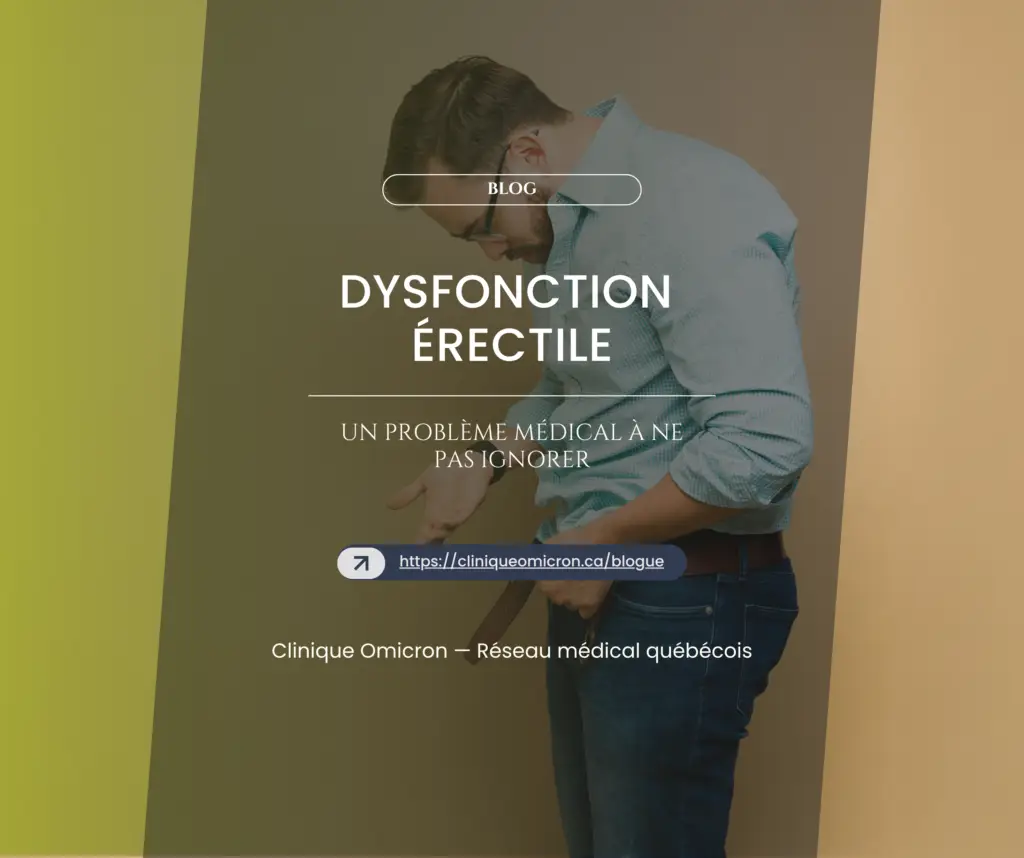 Homme se tenant la taille, illustrant la dysfonction érectile, avec texte informatif sur les problèmes de santé masculine, Clinique Omicron.