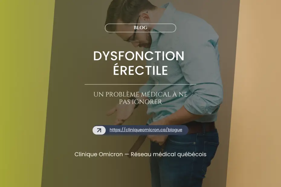 Homme se tenant la taille, illustrant la dysfonction &eacute;rectile, avec texte informatif sur les probl&egrave;mes de sant&eacute; masculine, Clinique Omicron.