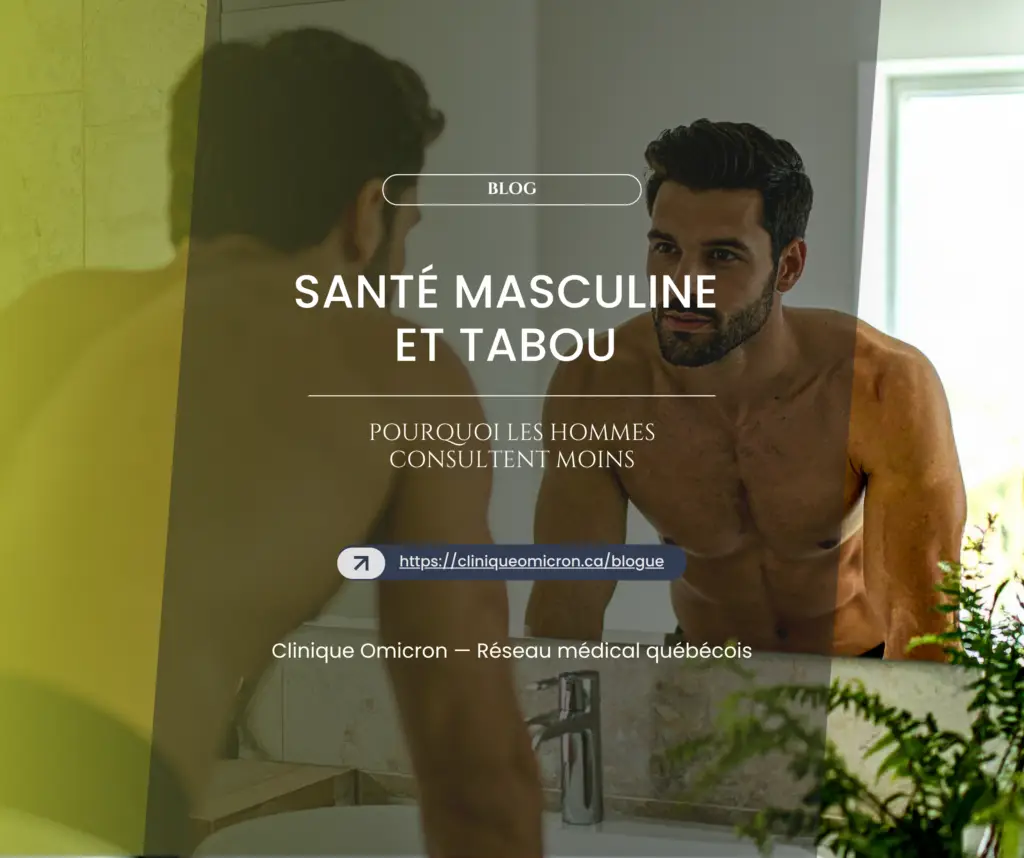 Homme regardant son reflet dans le miroir, abordant des thèmes de santé masculine et de consultation médicale, Clinique Omicron.