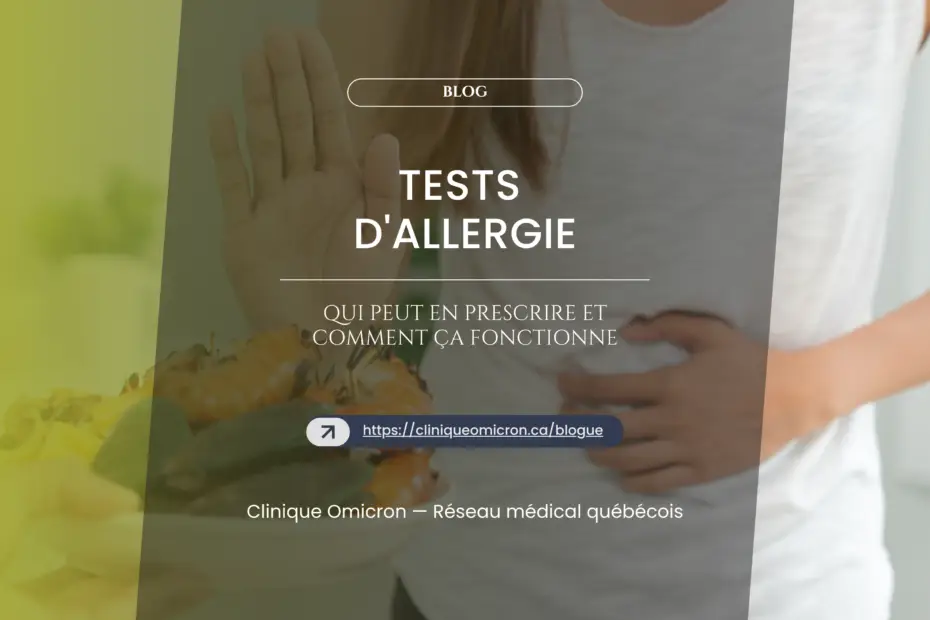 Woman holding her stomach with one hand, showing symptoms of food allergy, with seafood in the foreground, illustrating allergy testing at Clinique Omicron.