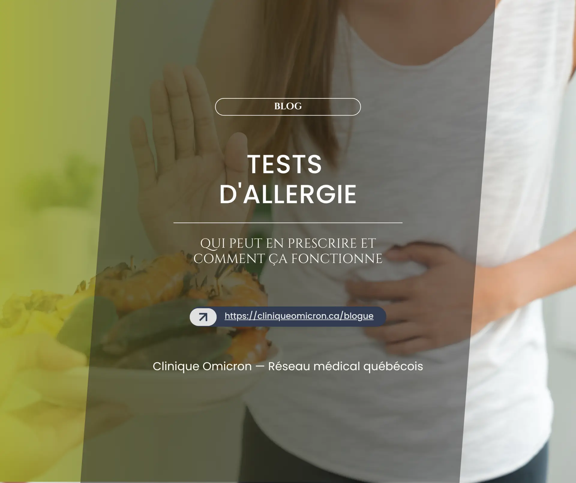 Femme tenant son ventre avec une main, montrant des symptômes d'allergie alimentaire, avec des fruits de mer en premier plan, illustrant les tests d'allergie à la Clinique Omicron.