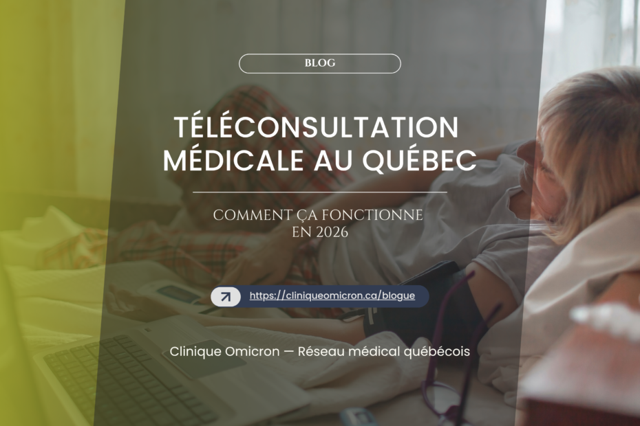 Image of a medical teleconsultation showing a patient using a laptop and monitoring device, illustrating Omicron Clinic's online health services in Quebec in 2026.