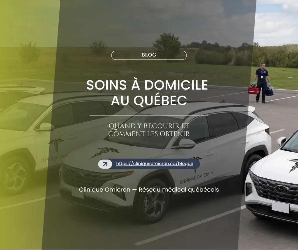 Véhicules de la Clinique Omicron stationnés, un professionnel de la santé portant une trousse d'urgence, mettant en avant les soins à domicile au Québec.