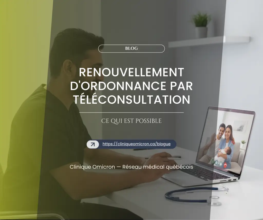 Homme en consultation vid&eacute;o pour renouvellement d'ordonnance, avec un couple et un enfant &agrave; l'&eacute;cran, repr&eacute;sentant les services de t&eacute;l&eacute;consultation de la Clinique Omicron.
