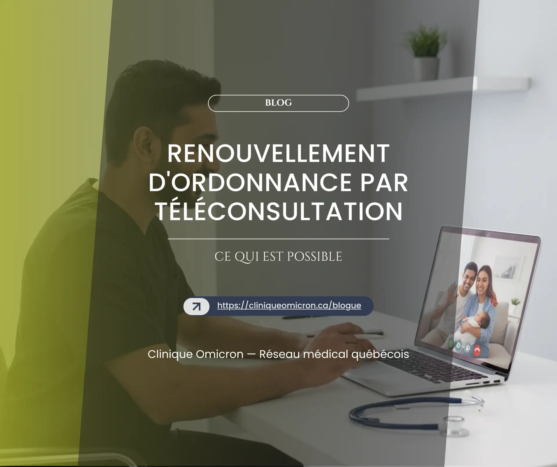 Man on video consultation for prescription renewal, with a couple and a child on screen, representing the teleconsultation services of the Omicron Clinic.