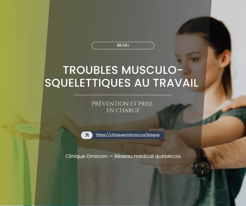 Image illustrant la prévention et la prise en charge des troubles musculo-squelettiques au travail, avec une personne utilisant un élastique de résistance sous la supervision d'un professionnel de la santé.