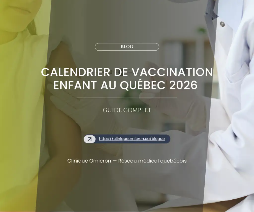 Child receiving a vaccination in Quebec, doctor in a white coat administering a vaccine, 2026 vaccination schedule context.