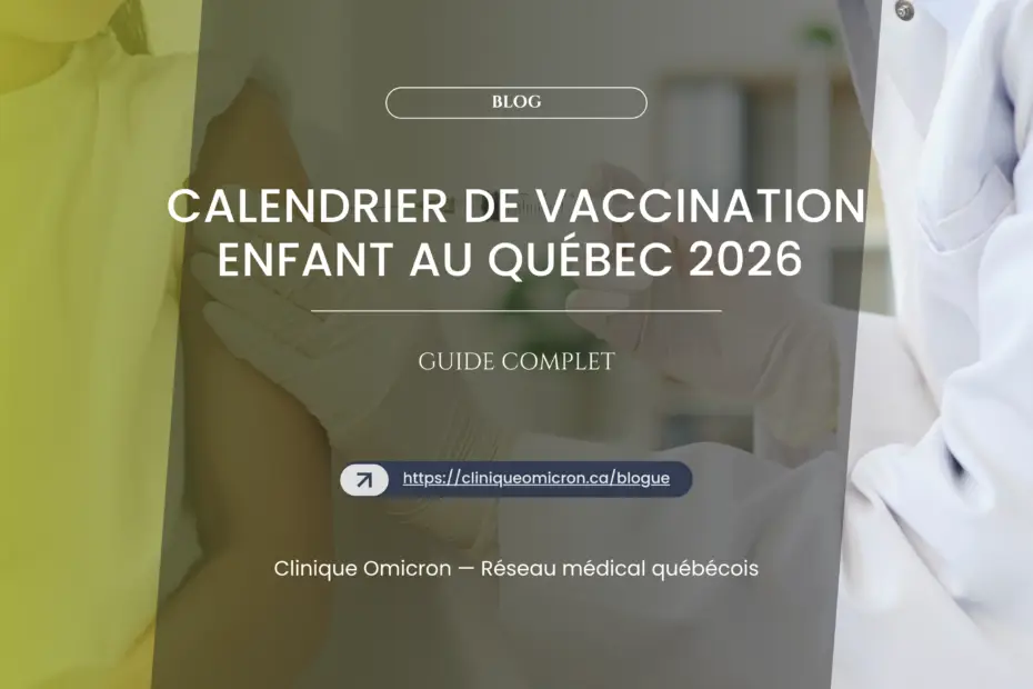 Child receiving a vaccination in Quebec, doctor in a white coat administering a vaccine, 2026 vaccination schedule context.