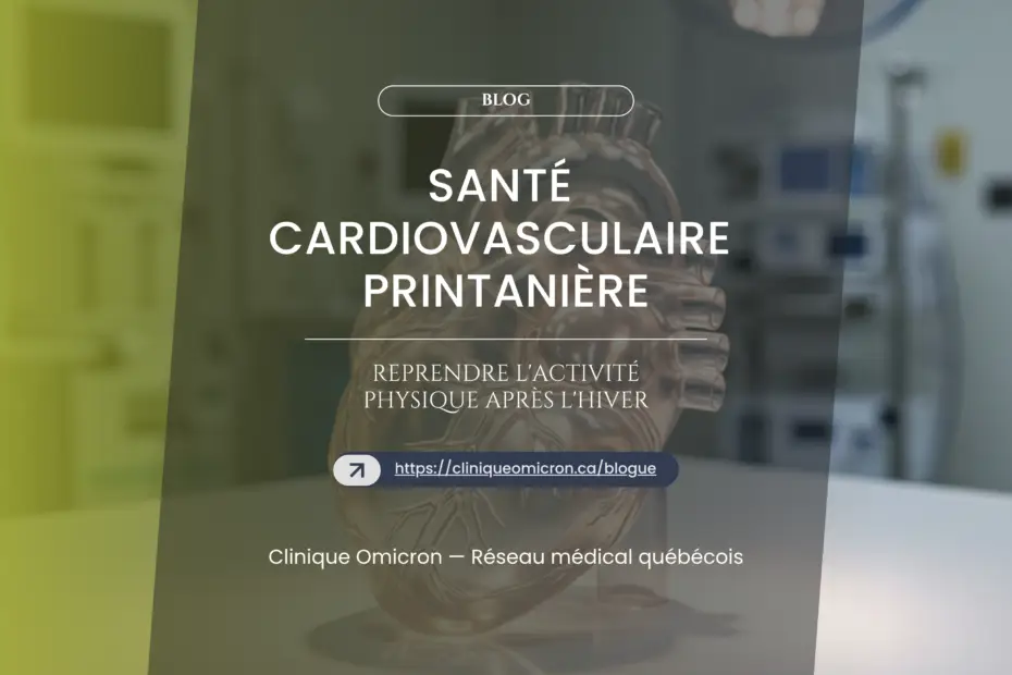 Model of a human heart in the background of a modern medical environment, illustrating advice on cardiovascular health and physical activity in spring, in connection with Omicron Clinic services.
