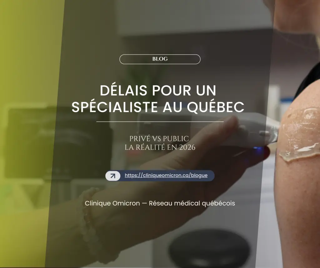 Main tenant a medical device on prepared skin, illustrating specialized consultation services at Clinique Omicron in Quebec.