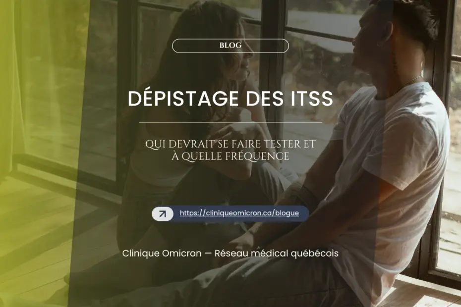 Couple assis pr&egrave;s d'une fen&ecirc;tre, discutant sur le d&eacute;pistage des ITSS, avec le titre "D&eacute;pistage des ITSS : qui devrait se faire tester et &agrave; quelle fr&eacute;quence" en superposition, ambiance chaleureuse et moderne.