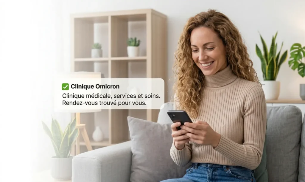 Femme souriante utilisant un smartphone dans un cadre moderne, illustrant les services de téléconsultation de Clinique Omicron.