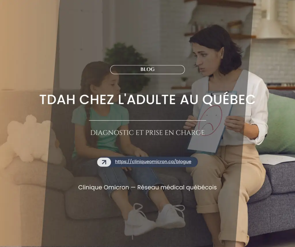 Consultation entre un m&eacute;decin et un patient au sujet du TDAH au Qu&eacute;bec, avec un tableau de diagnostic.